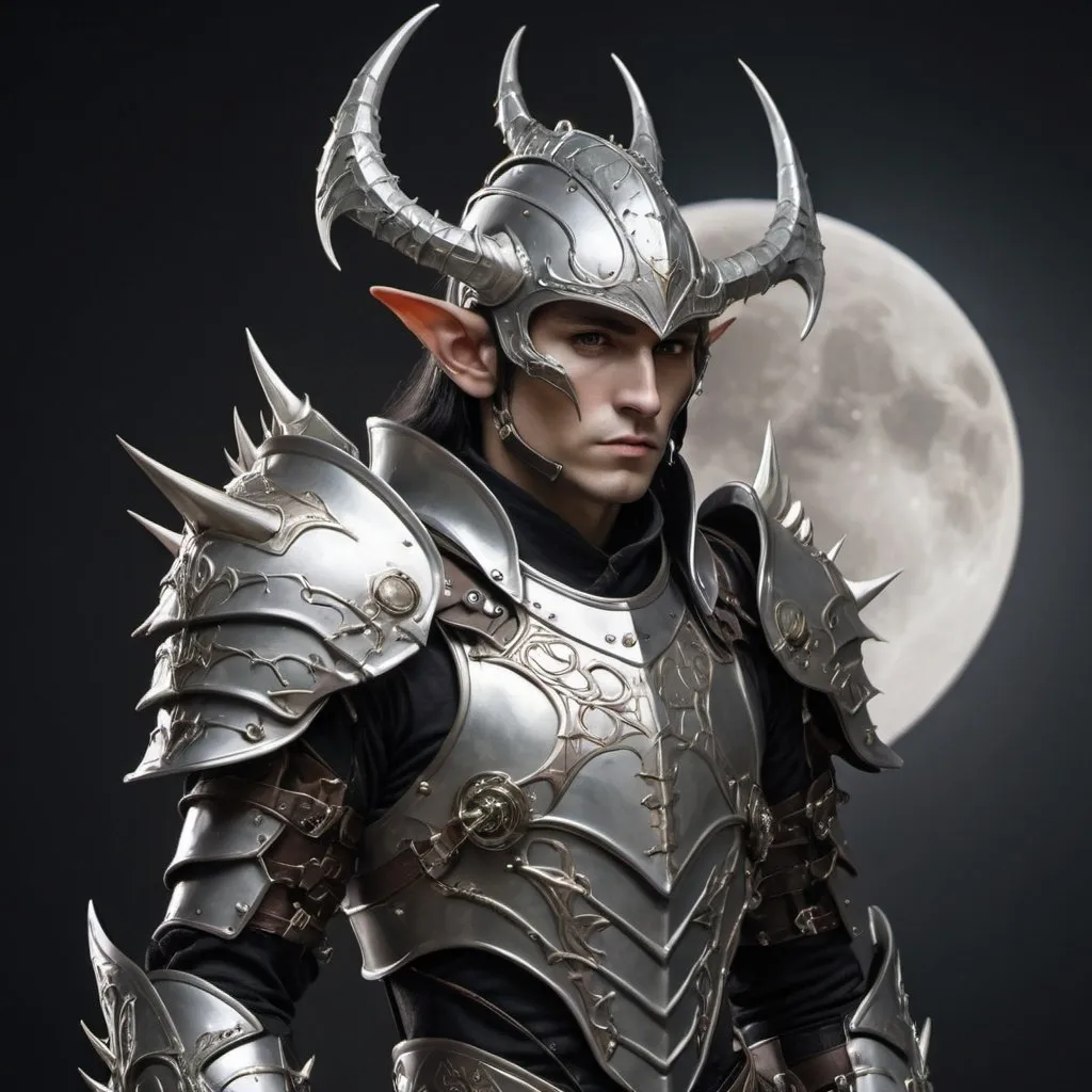 Prompt: Horned elven man with high tech armor with Knight like helmet with spiked shoulder pads with a moon emblem 