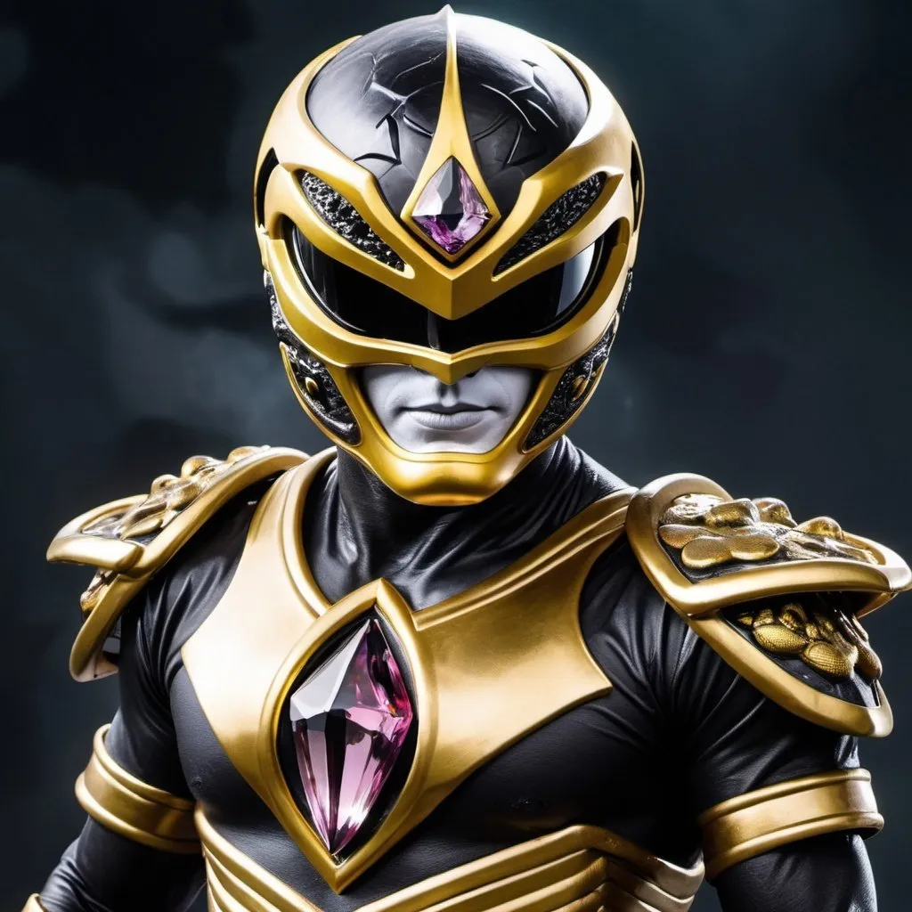 Prompt: Evil black and gold power ranger with snake helmet with crystal eclipse in the middle of the chest 