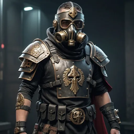 Prompt: Cyberpunk mercenary with roman design and has shoulder cape wearing a Knight helmet with gas mask