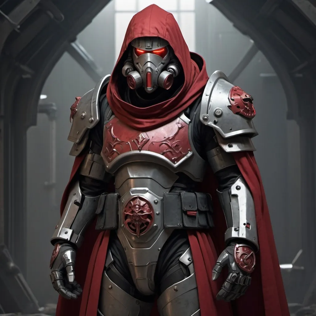 Prompt: Sci-fi soldier wearing power armor with gothic design with a crimson hooded helmet and shoulder cape 