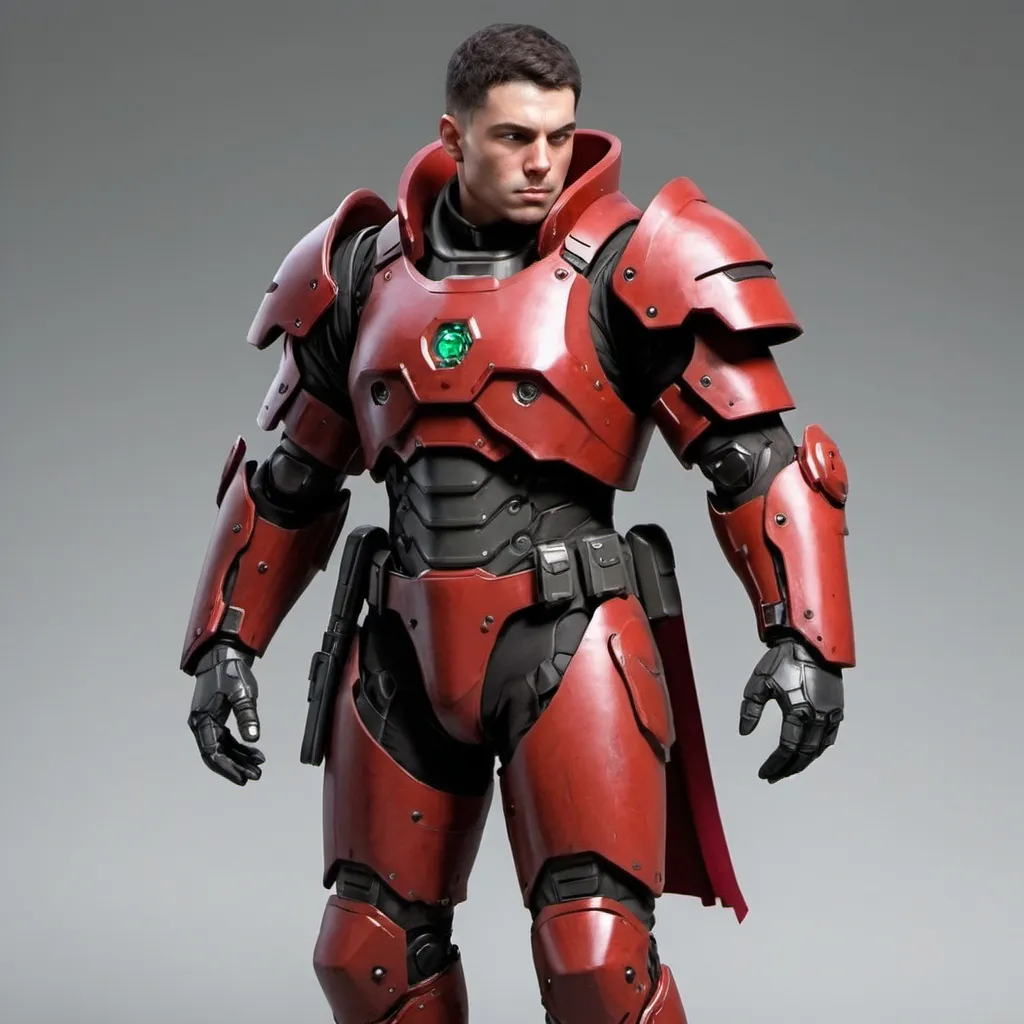 Prompt: Sci-fi male soldier with crimson shoulder cape and power armor 