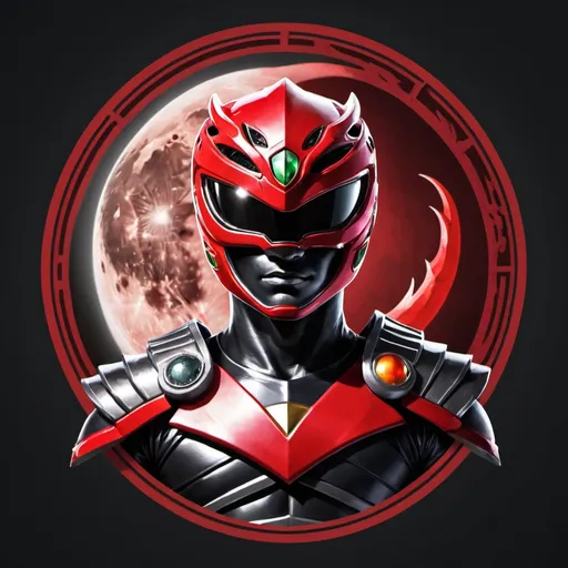 Prompt: Power ranger with dragon helm in a black and red color scheme with a moon in the middle of the chest 