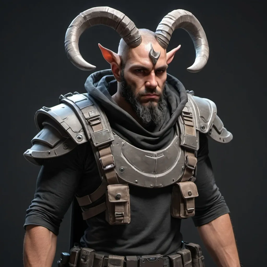 Prompt: Sci-fi mercenary with shoulder cape and horns 