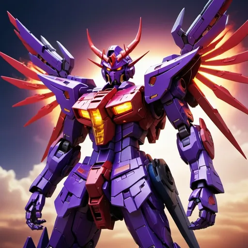 Prompt: Devil gundam mech with wings of red and purple energy blazing like the sun