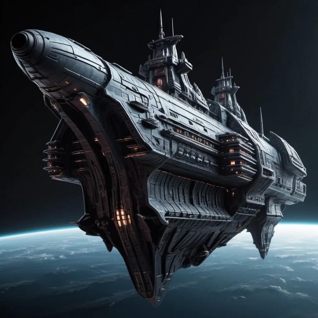 Prompt: Sci-fi battleship space ship with monolith design in Gothic detail 