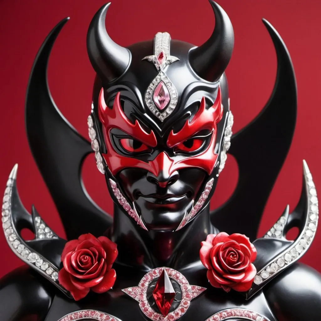 Prompt: Devil power ranger in black and red with crystal roses 