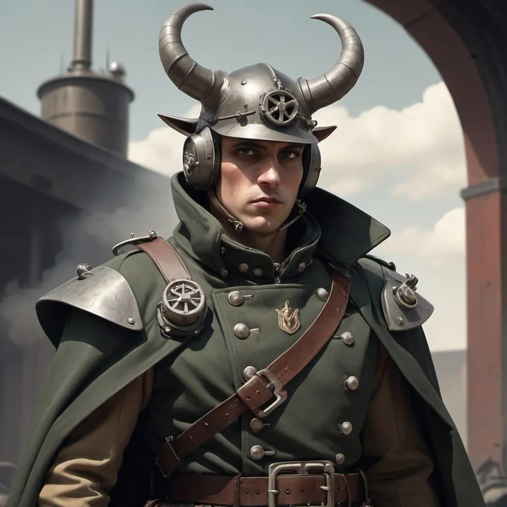 Prompt: Dieselpunk soldier with shoulder cape and horns