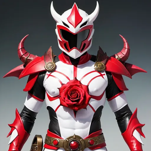 Prompt: Power ranger with dragon helm in a white and red color scheme with rose in the middle of the chest 