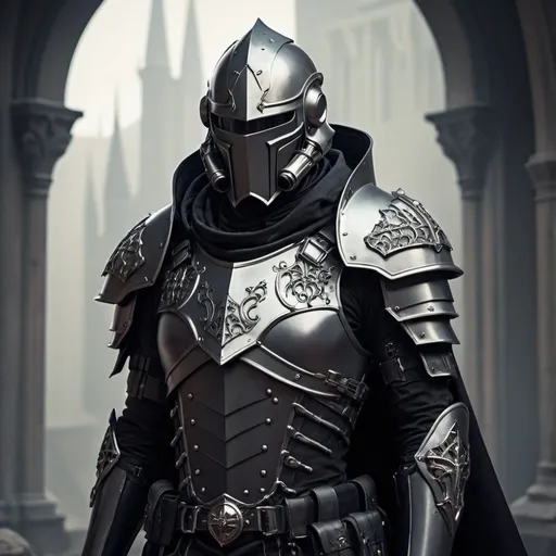 Prompt: Sci-fi soldier with gothic design that has a shoulder cape and Knight helmet 