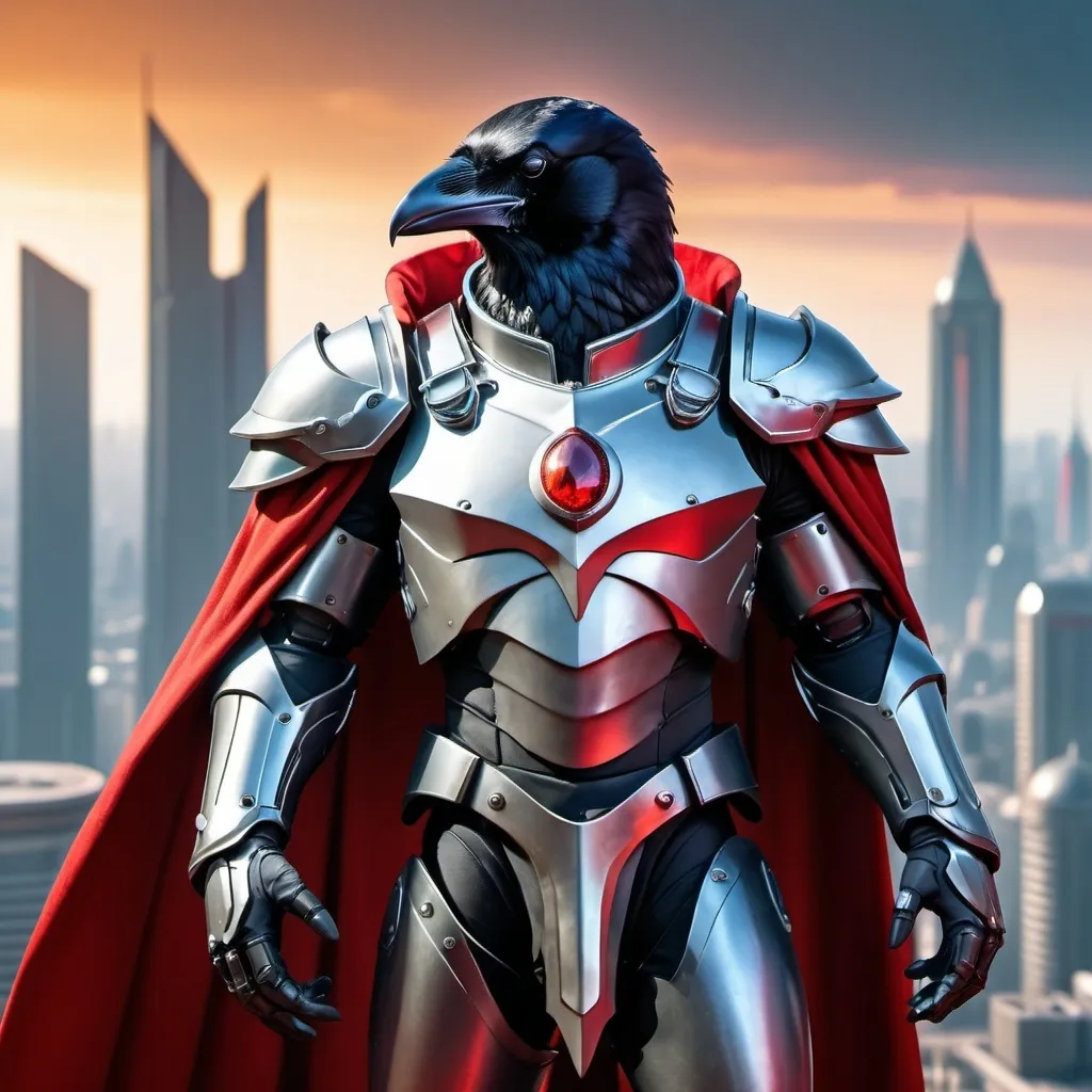 Prompt: Sci-fi male king with raven power armor with a Scarlet shoulder cape and knight helmet 