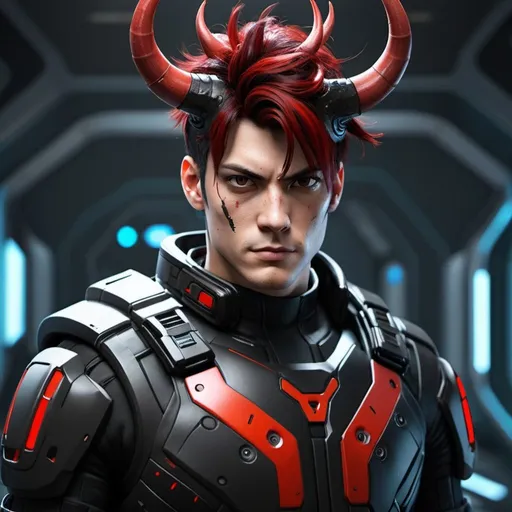 Prompt: Male Sci-fi protagonist with horns and red and black hair 