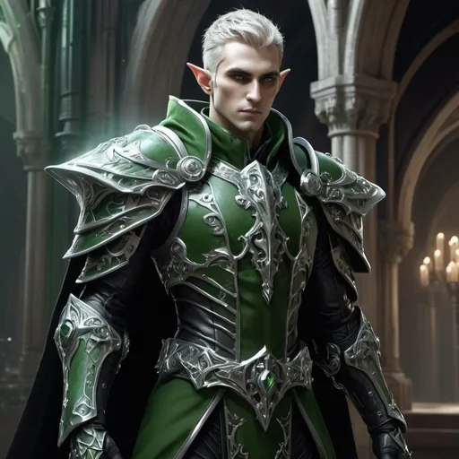 Prompt: Sci-fi male elf with Warhammer 40k armor design and shoulder cape with a sleek motif but also has a gothic design 