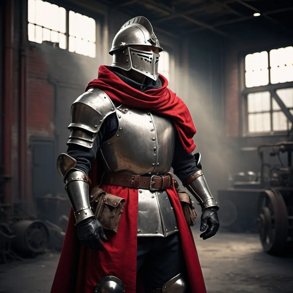 Prompt: Dieselpunk soldier with Knight helmet and has on a scarlet shoulder cape