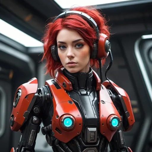 Prompt: Sci-fi mech pilot with black and red hair 