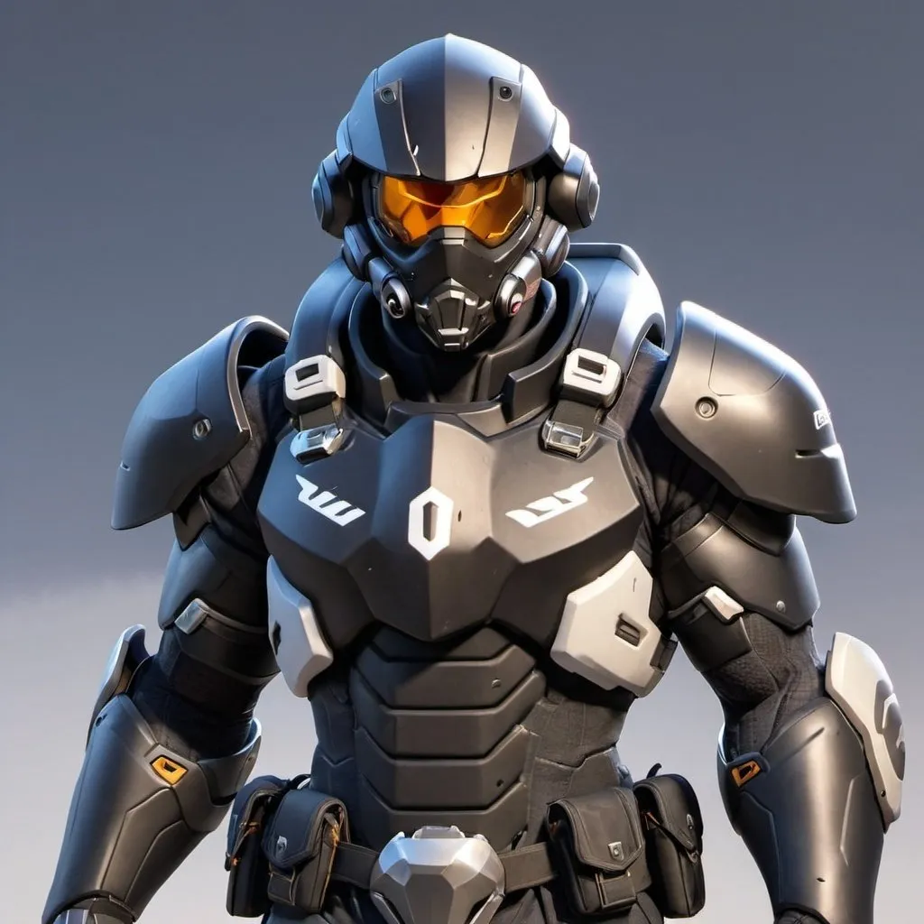 Prompt: Male overwatch soldier with Knight helmet in black 