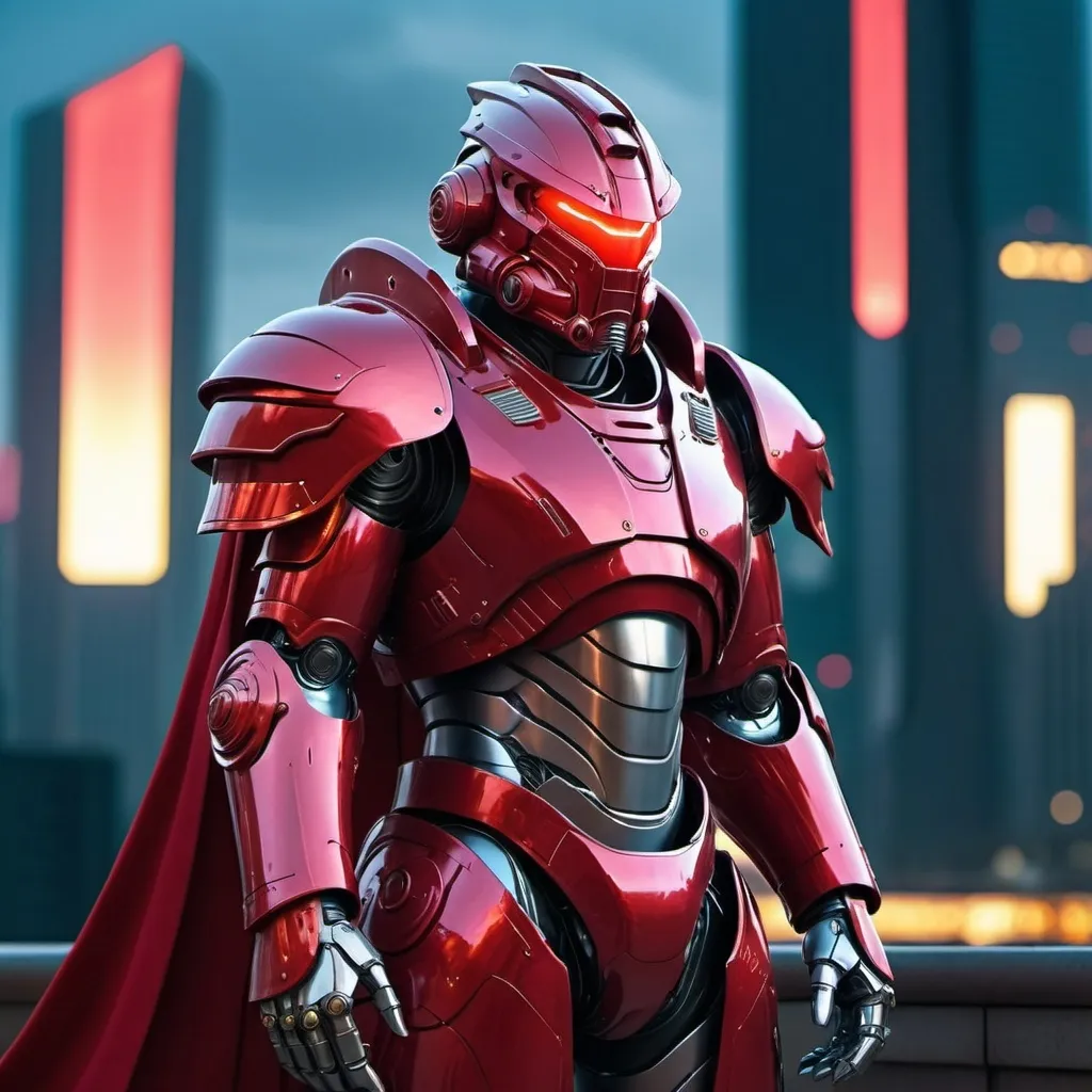 Prompt: Sci-fi male emperor with crimson shoulder cape and power armor 