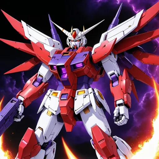 Prompt: Devil gundam mech with wings of red and purple energy blazing like the sun