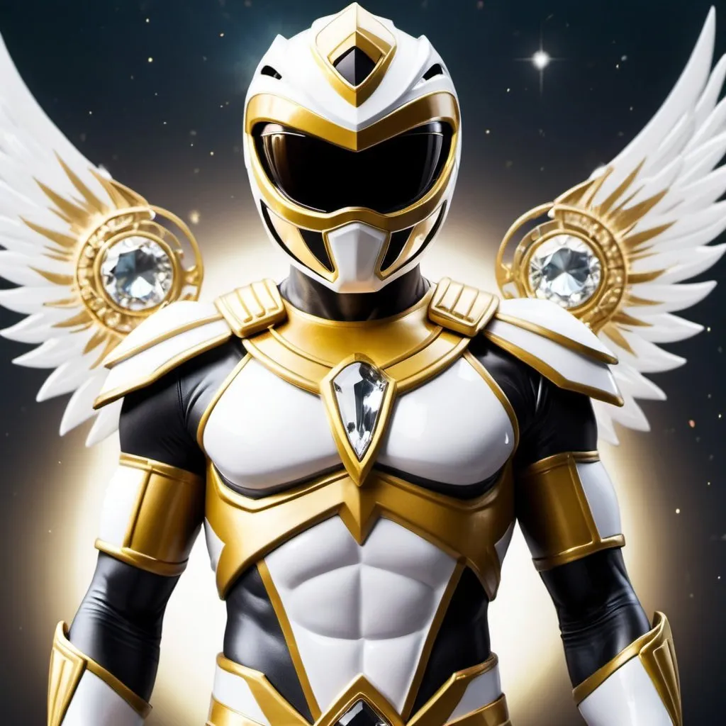 Prompt: White and gold power ranger spartan with crystal sun in the middle of the chest 