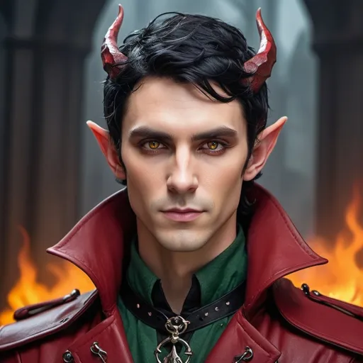 Prompt: Elf male with horns and black hair with red highlights, with a fine toned jawline and has a trench coat with a shoulder cape with gothic design that has fiery amber eyes 