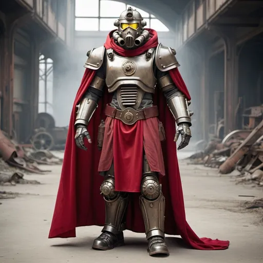 Prompt: Dieselpunk fallout power armor with roman design with a crimson shoulder cape and crimson hooded helmet 