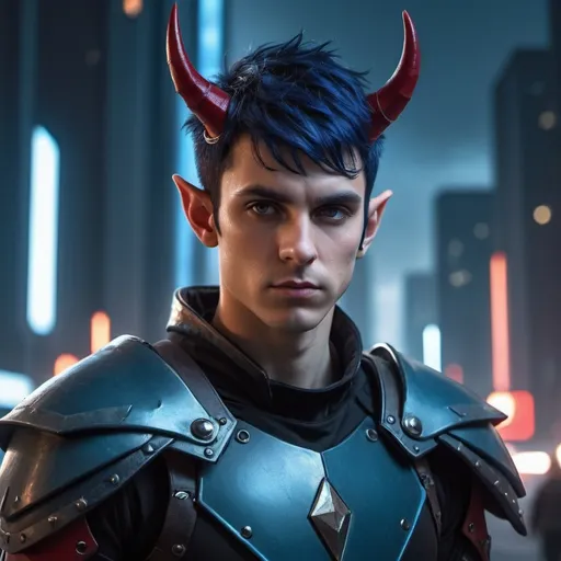 Prompt: Sci-fi male soldier protagonist with horns and shoulder cape with red and black hair that is spiked slightly with elf ears