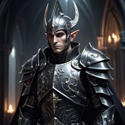 Prompt: Sci-fi male elf with Warhammer 40k armor design and shoulder cape with a sleek motif but also has a gothic design and has on an Knight helmet  