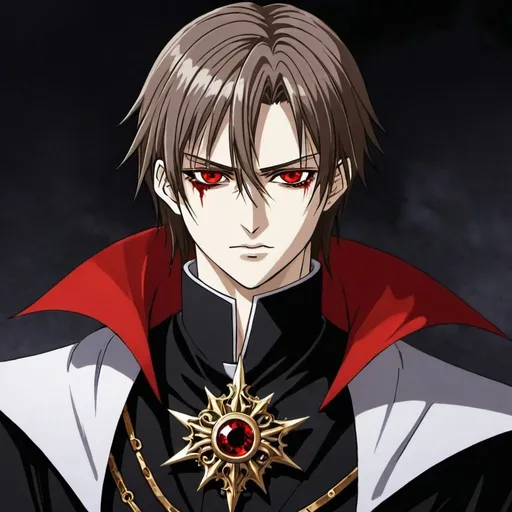 Prompt: Vampire Knight with one gold eye and one red eye with shoulder cape 
