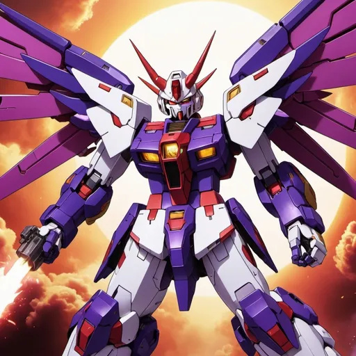 Prompt: Devil gundam mech with wings of red and purple energy blazing like the sun