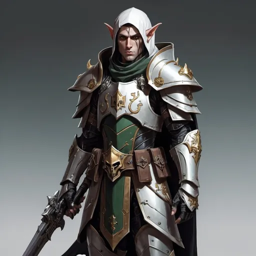 Prompt: Sci-fi male elf with Warhammer 40k armor design and shoulder cape with a sleek motif but also has a gothic design and Hooded Knight helmet  