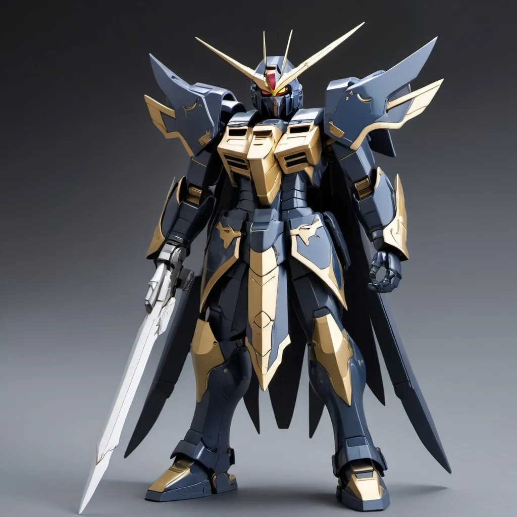 Prompt: Gundam Alus with sleek armor and roman design with a hint of elven style in raven color 