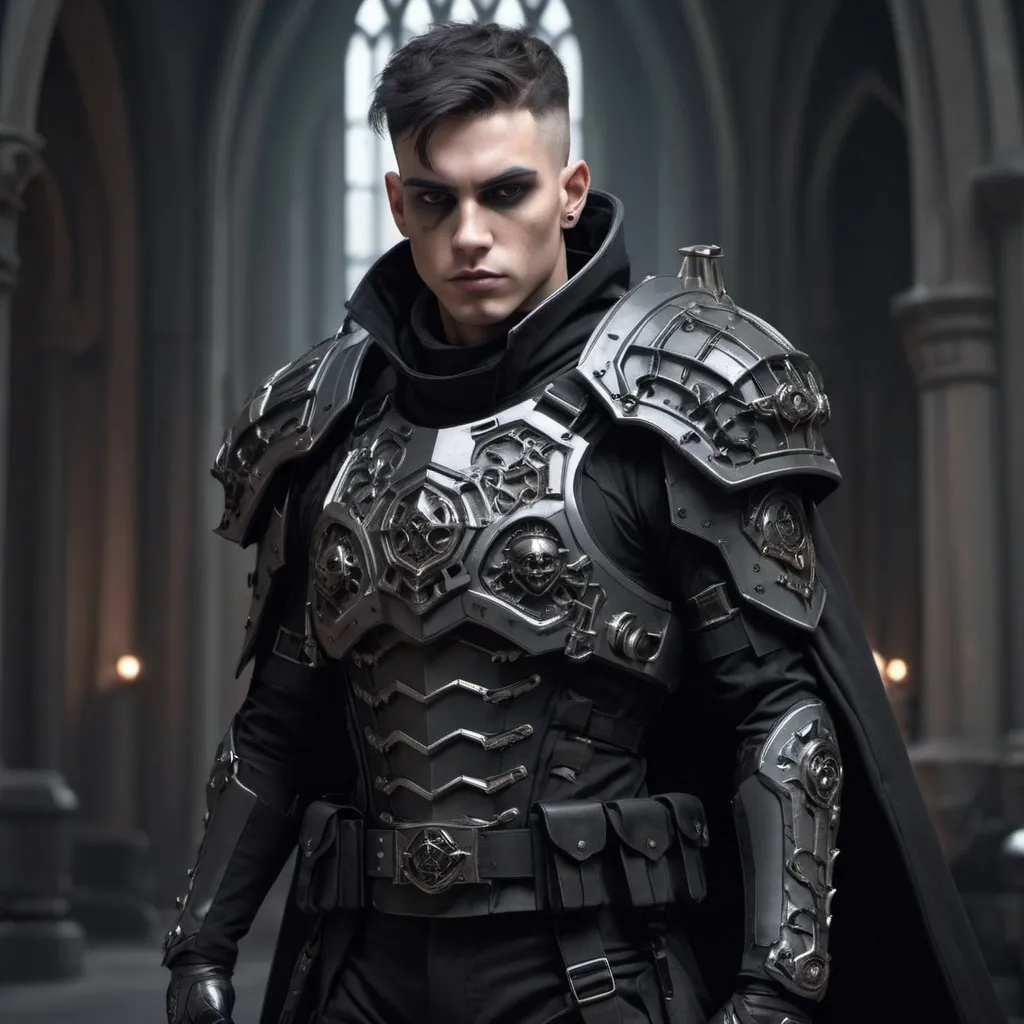 Prompt: Sci-fi soldier with gothic design that has a shoulder cape