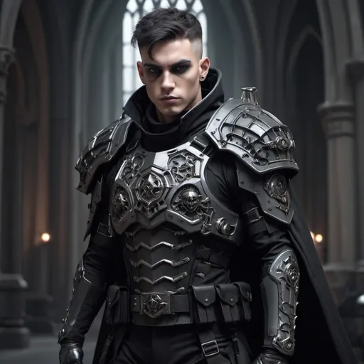 Prompt: Sci-fi soldier with gothic design that has a shoulder cape