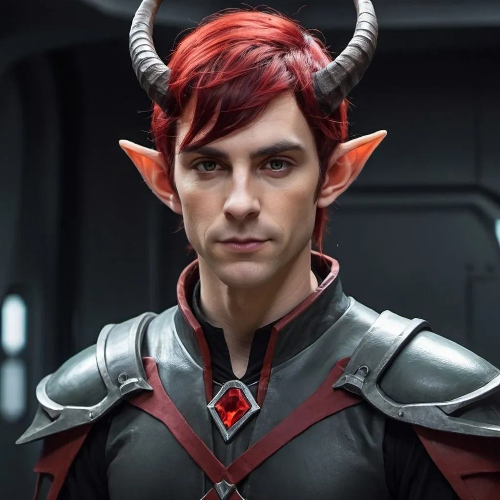 Prompt: Male elf Sci-fi protagonist with horns and red and black hair 