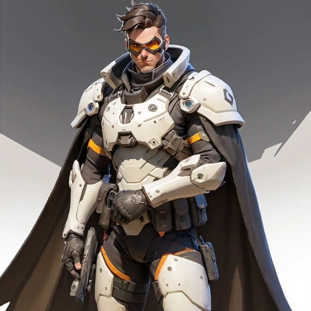 Prompt: Male overwatch soldier with Knight helmet in black and has a trench coat with a cape on the left shoulder 