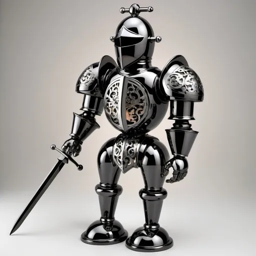 Prompt: Automaton made of black chrome with a knight design 