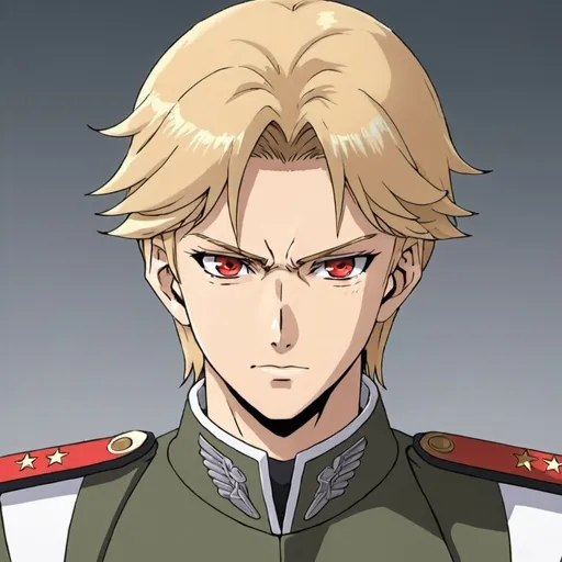 Prompt: Male anime with blonde hair in military uniform from gundam with red eyes