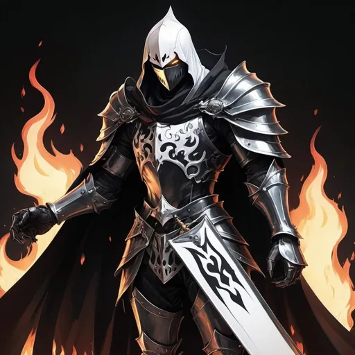 Prompt: Evil anime knight with black and white flame cape 