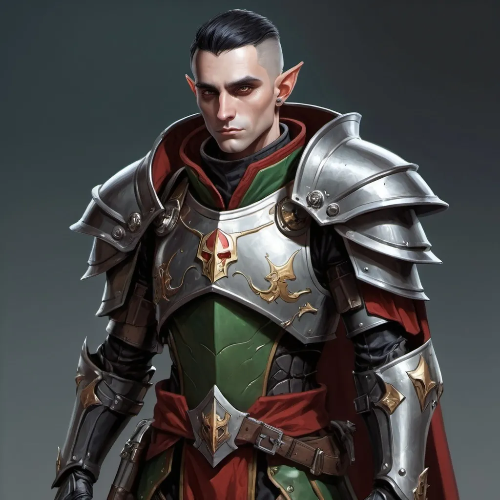 Prompt: Sci-fi male elf with Warhammer 40k armor design and shoulder cape with a sleek motif but also has a gothic design and has on an Knight helmet  