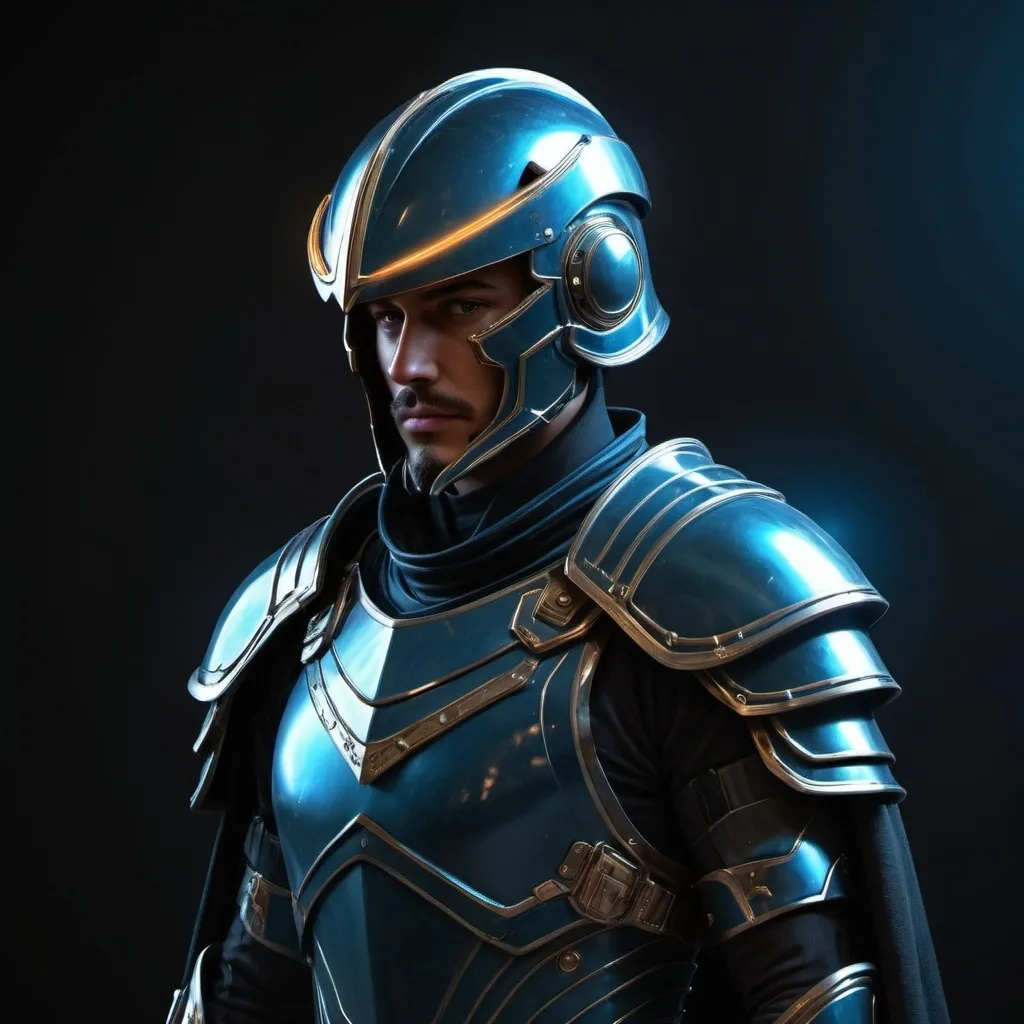 Prompt: Sci-fi Atreides soldier with shoulder cape and Knight helmet 