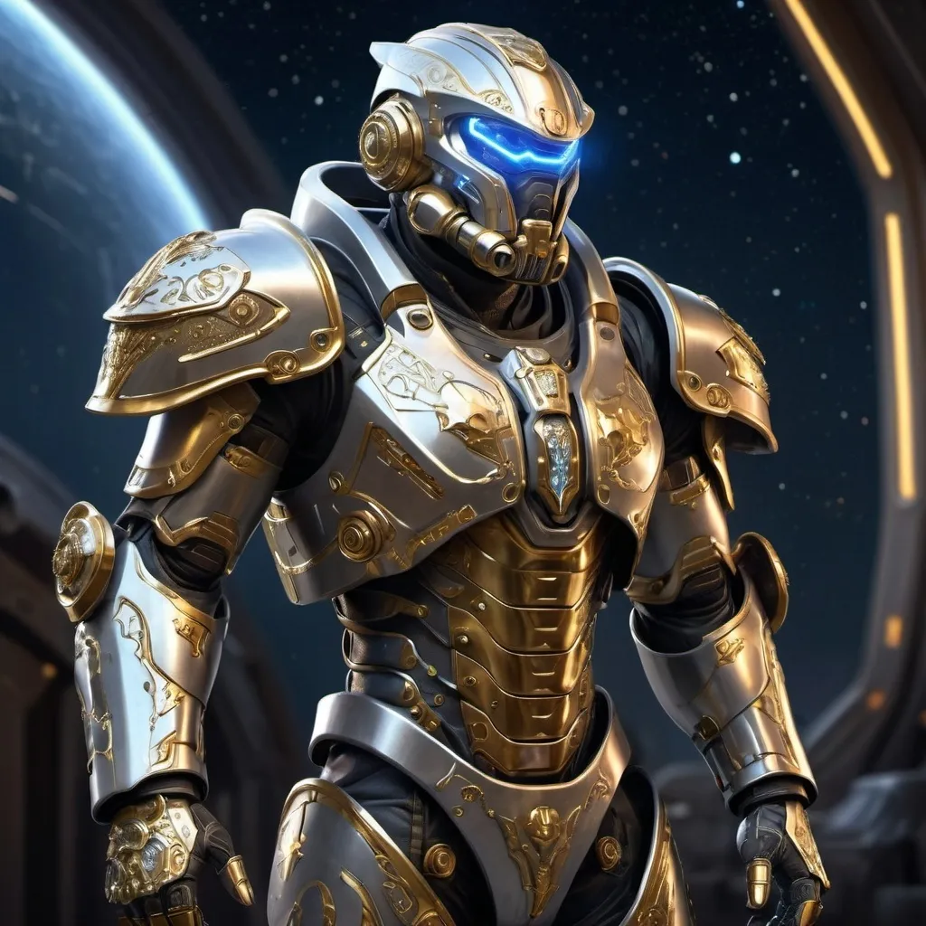 Prompt: Sci-fi male with power armor that has a gold and silver rim