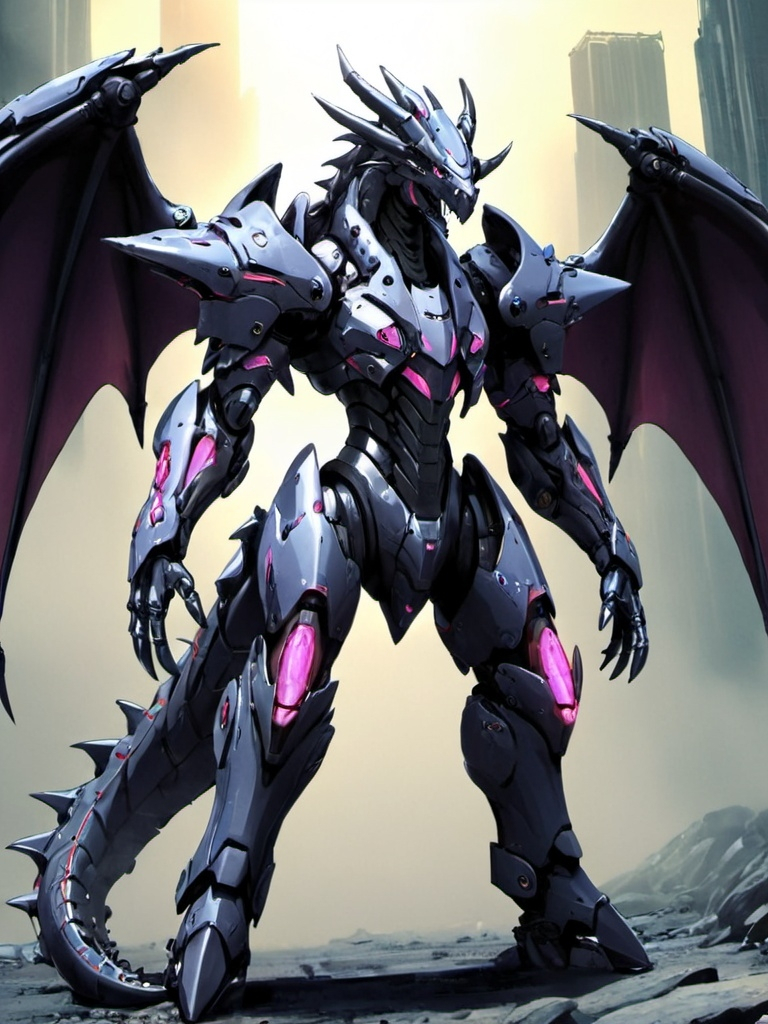 Prompt: Sci-fi anime dragon with gothic design power armor and has four arms