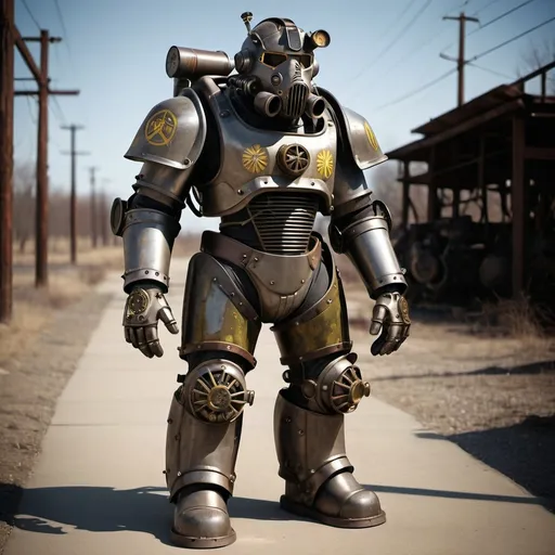 Prompt: Dieselpunk power armor with a fallout design 