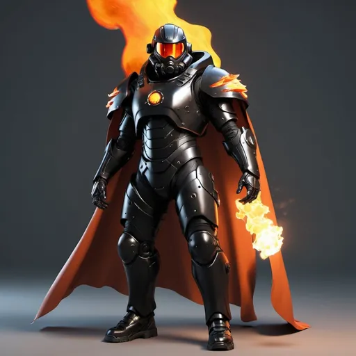 Prompt: Sci-fi male soldier in black power armor with energy cape with a bit of flame