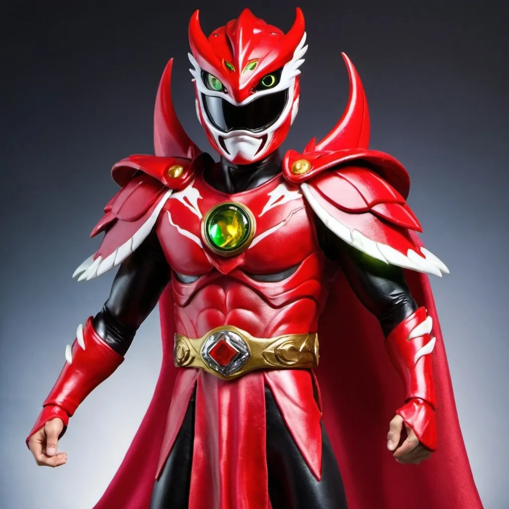 Prompt: Red dragon power ranger with shoulder cape