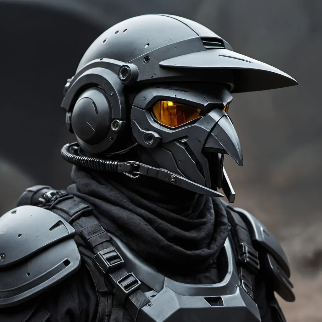 Prompt: Sci-fi soldier with raven helmet 