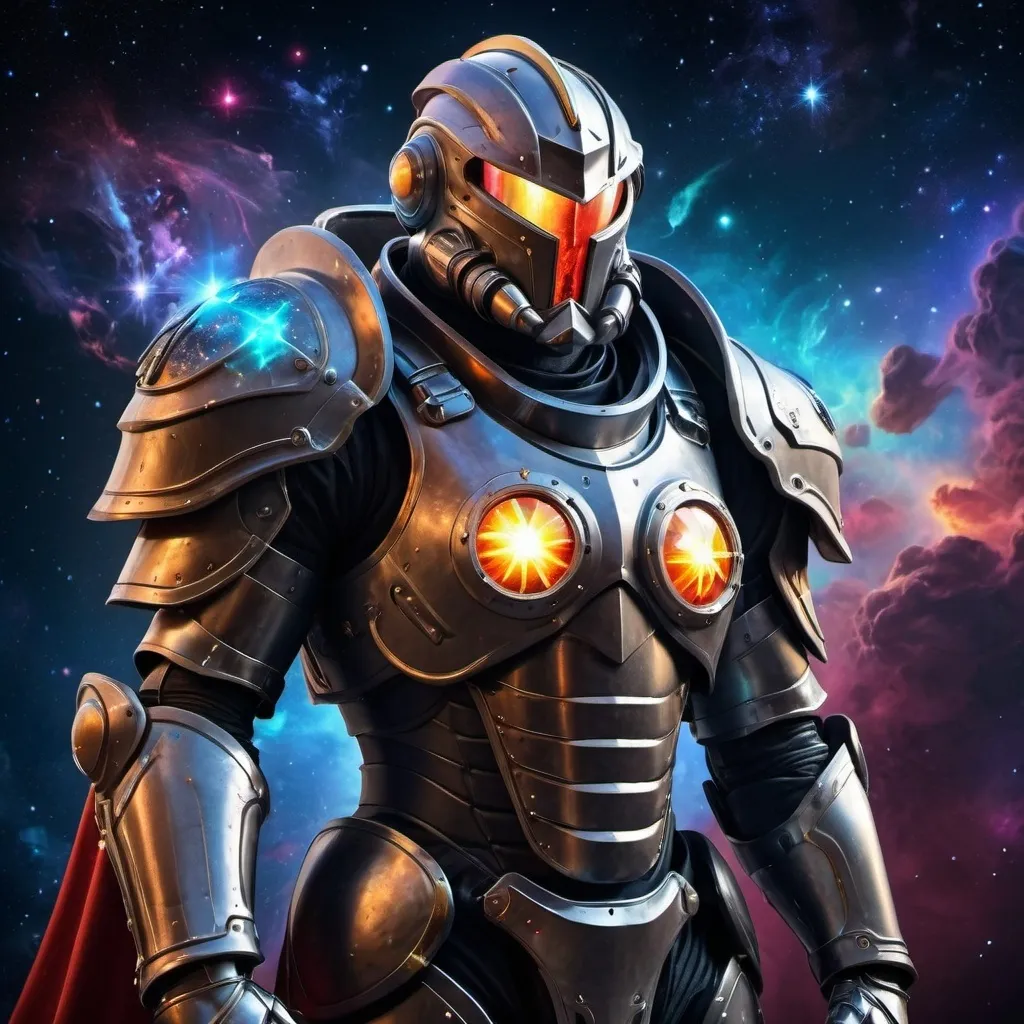 Prompt: Sci-fi knight in power armor with shoulder cape and an cosmic orb head 