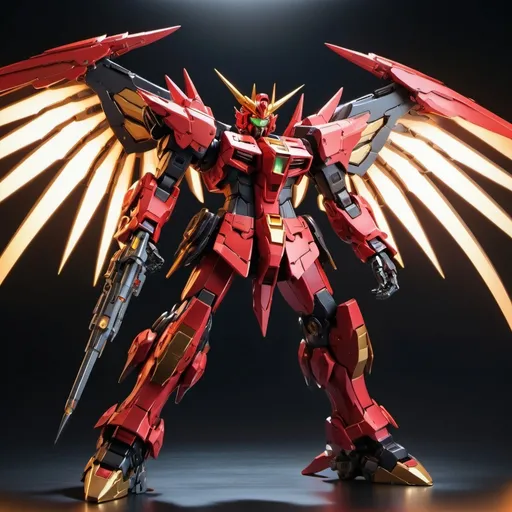 Prompt: (Devil gundam mech), impressive (red and black blazing energy wings), (dynamic action pose), intricate mechanical design, high-tech details, illuminated with (golden sunlight radiance), dramatic shadows enhancing the powerful presence, futuristic backdrop, intense atmosphere, awe-inspiring, ultra-detailed, 4K quality, visually striking composition.