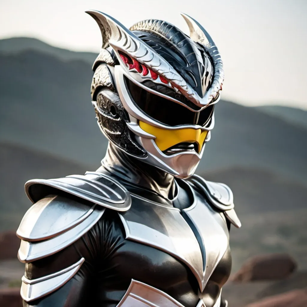 Prompt: Power ranger with dragon helmet with black and silver color 