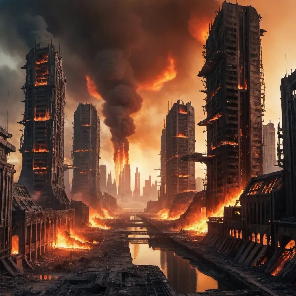 Prompt: Sci-fi city in flames and ruin