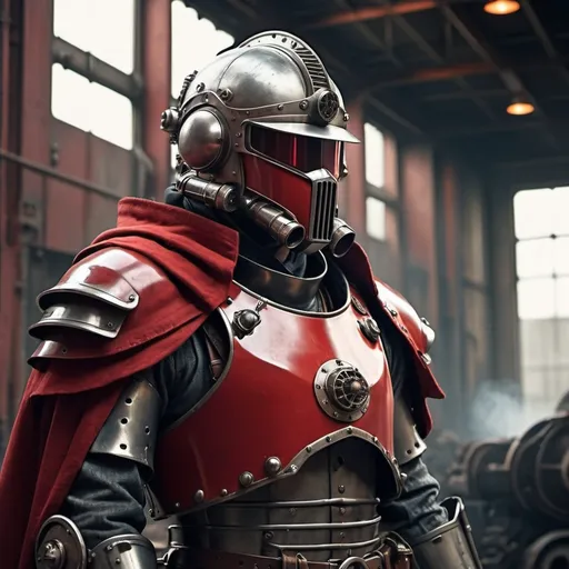 Prompt: Dieselpunk soldier with Knight helmet and has on a scarlet shoulder cape with dieselpunk power armor 